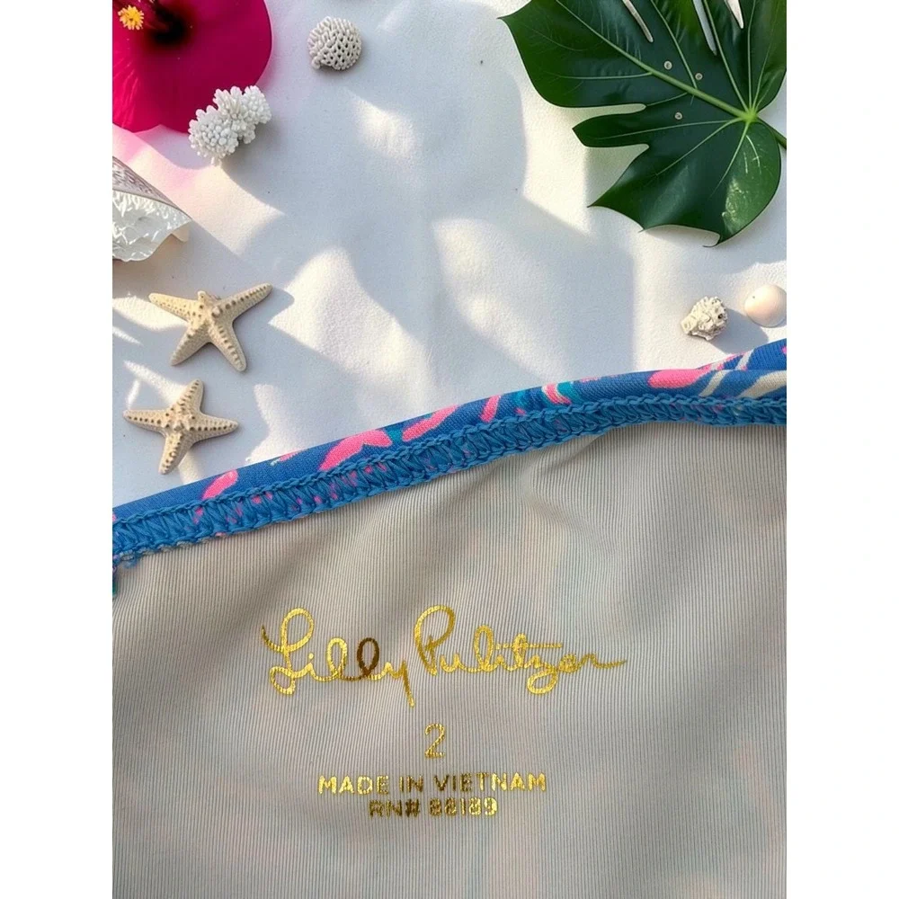 Lilly Pulitzer Girls One Piece Swimsuit Blue Pink Sailboat Palm Tree Print Sz 2